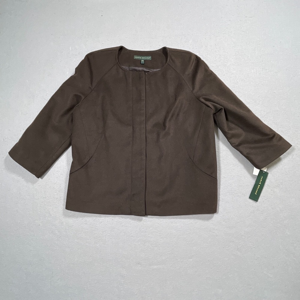 Harve Benard Jacket Women Large Collarless Zip Front Brown Blazer Quiet Luxury